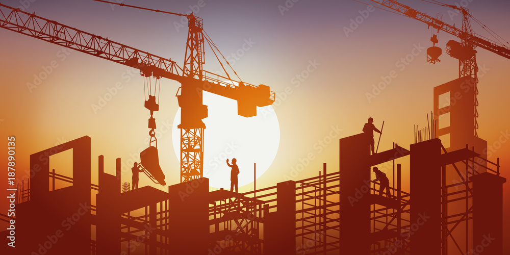 Chantier Btp Grue Construction Batiment Construire Ouvrier Beton Concept Travaux Publics Wall Mural Pict Rider