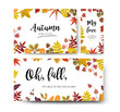 Vector floral watercolor style card design Autumn season border frame set: colorful orange yellow burgundy red fall tree leaf, branch.  Postcard, party banner poster wedding invite, menu card template