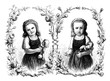 © acrogame - Happiness and affliction:  girl happy with doll, girl sad with doll with broken arm, vintage engraving