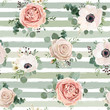 Seamless pattern Vector floral watercolor design: garden powder white pink Anemone flower silver Eucalyptus green thyme herb wax greenery leaves berry. Rustic background stripped blue green pale print