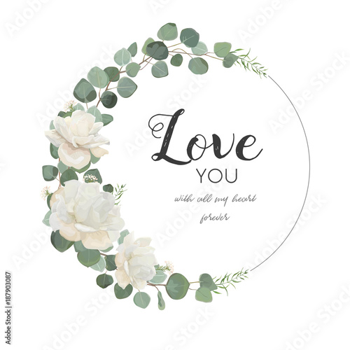 Vector floral design card. White Rose cute flower Eucalyptus branch with leav...