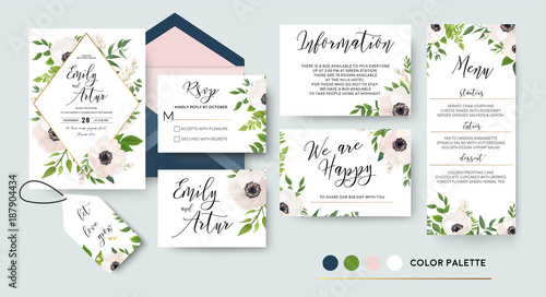 Wedding invite, menu, rsvp, thank you label save the date card Design with wh...