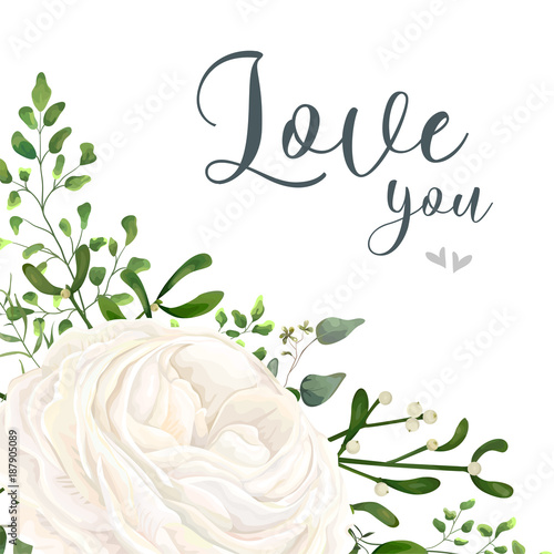 Vector floral card design: garden white, creamy Ranunculus flower, green Euca...