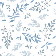 Seamless Pattern, Background, Texture Print With Light Watercolor Hand Drawn Blue Color Dusty Leaves, Fern Greenery Forest Herbs, Plants. Tender, Elegant Textile Fabric, Wrapping Paper Backdrop Layout