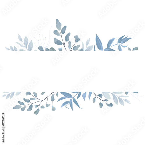 Fotografía Vector floral card, postcard invite design with light watercolor hand drawn blue color dusty leaves, fern greenery forest herbs, plants