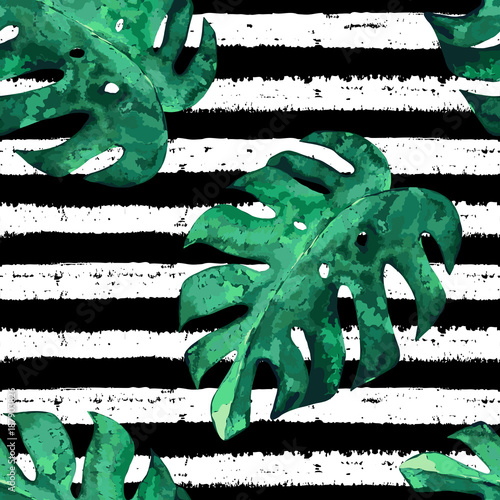 Seamless summer pattern with  tropical palm leaves. Abstract geometrical prin...