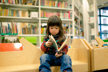 Wall Mural - little girl reading a book in a library