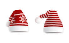 Vector 3d Realistic Illustration Of Two Knitted Santa Hats With Decorative Pattern On Them, Isolated On White Background. Christmas Traditional Red Headdress, Element Of Festive Costume