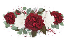 Vector Floral Bouquet Design: Garden Red, Burgundy Rose Flower, White Peony, Seeded Eucalyptus Branch, Amaranthus & Silver Green Fern Leaves, Watercolor Designer Element. Wedding Invite Card, Greeting