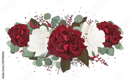 Vector floral bouquet design: garden red, burgundy Rose flower, white peony, ...