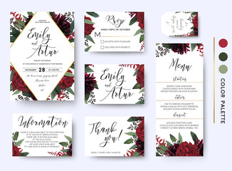 Wall Mural - Wedding invite, invitation save the date rsvp thank you information cards set. Vector watercolor floral bouquet rhombus frame design: red burgundy Rose flower green leaves Eucalyptus branch & berries