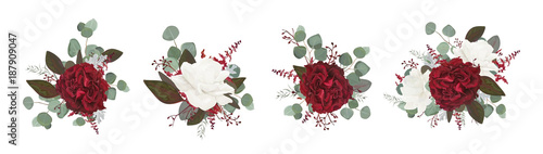 Fotografía Vector floral bouquet design: garden red burgundy rose white peony flower amaranthus Eucalyptus branch greenery leaves berry