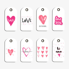 Wall Mural - Lovely set of 8 Valentines day gift card, label, tag, badge with heart and lettering love.