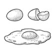 Fried egg and broken shell. Vintage black engraving illustration