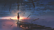 surreal scenery of upside down world with a man on the old bridge looking at sunset light in the sea above the sky, digital art style, illustration painting