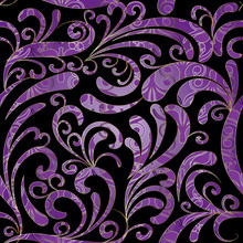 Paisleys Seamless Pattern. Black Floral Background Wallpaper Illustration With Hand Drawn Purple Violet Ornamental Paisley Flowers, Leaves, Elegance Flourish Ornaments. Vector Endless Luxury Texture