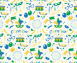 Brazilian Carnival seamless pattern with mask feathers, confetti, balloons. Brazil endless background, texture, wallpaper. Festival backdrop of blue, green, yellow. Vector illustration