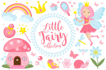 Little fairy set, cartoon style. Cute and mystical collection for girls with fairytale forest princess, magic wand, mushroom house, rainbow, mirror, birds, butterflies, flowers. Vector illustration