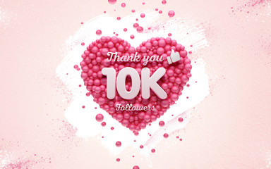 Wall Mural - 10k or 10000 followers thank you Pink heart and red balloons, ball. 3D Illustration for Social Network friends, followers, Web user Thank you celebrate of subscribers or followers and likes.