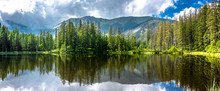 Panorama Of Mountain Lake In Tatra Mountains, National Park In Poland, Summer Landscape