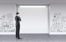Businessman Looking At Blank Poster, Business Idea