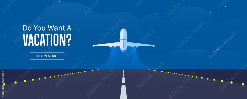 Airplane in the sky, runway and take-off plane. Banner or flyer for ...