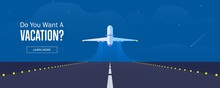 Airplane In The Sky, Runway And Take-off Plane. Banner Or Flyer For Travel And Vacation Design. Starry Night Sky. Vector Illustration.