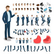 Flat isometric body parts man vector set. Business character