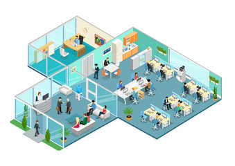 Poster - Flat 3d business isometric office interior vector with people