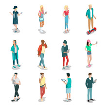 Flat Isometric 3d Casual People Characters Vector Icon Set