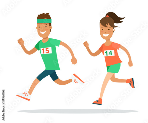 Fotografía Flat Athlete running runner vector. Man woman jogging marathon