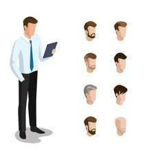 Flat Isometric Head Face Types Man Hair Style Constructor Vector