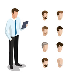 Poster - Flat isometric head face types man hair style constructor vector