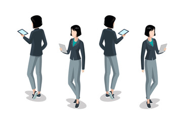 Poster - Flat isometric business casual woman tablet character vector