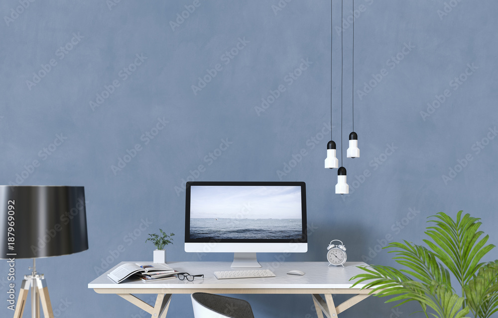 Computer Working Backgrounds interior design for working area with Desktop computer screen on white ...
