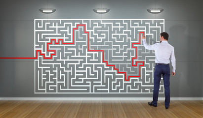 Poster - Businessman searching maze solution on a wall 3D rendering