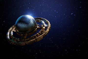 UFO, alien spaceship in outer space, fling saucer in front of the stars