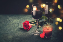 Valentines Day Greeting Card Concept. Wine Glasses, Rose And Can