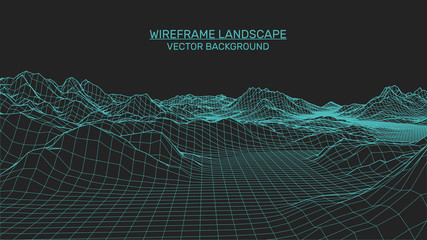 Abstract landscape background. Mesh structure. Polygonal wireframe background. 3d technology vector illustration
