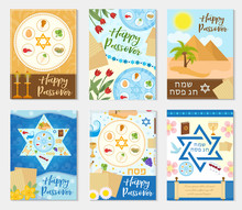 Passover Set Poster, Invitation, Flyer, Greeting Card. Pesach Template For Your Design With Festive Seder Table, Kosher Food, Matzah, David Star. Jewish Holiday Background. Vector Illustration