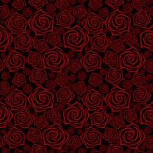 Beautiful Seamless Pattern With Red Roses On Black Background. Vector Illustration.