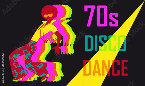 Photographie 70s style disco dance poster with a dancing stylish guy, EPS 8 vector illustrati