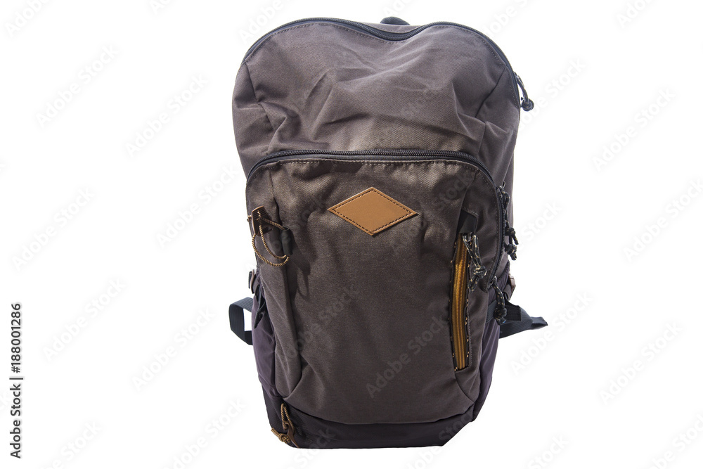 Gray backpack hiking bag isolated on white background. - obrazy, fototapety, plakaty 