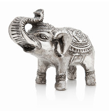 Sculpture In The Shape Of Small Asian Elephant With Accessories Isolated On The White Background With Shadow Reflection. Small Decorated Metal Sculpture Of Elephant Typical For India.