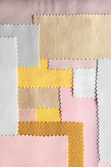 Top view of colorful fabric samples