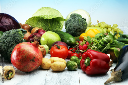 Composition with variety of raw organic vegetables and fruits. Balanced diet © beats_