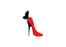 Logo Shoe Store, Shop, Fashion Collection, Boutique Label. Company Logo Design. Red High Heel Shoes With Butterfly, Vector Isolated Or White Background 