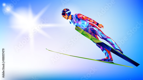 Dekoracja na wymiar  wielokatna-kolorowa-figura-mlodego-mezczyzny-w-skokach-narciarskich-na-bialym-i-niebieskim-tle
