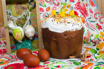 Traditional in Ukraine Easter Kulich with decoration 