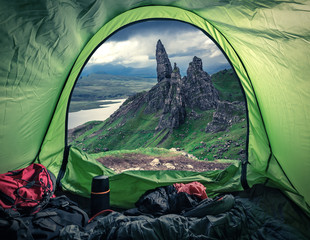 camping at the top of old man of storr, scotland